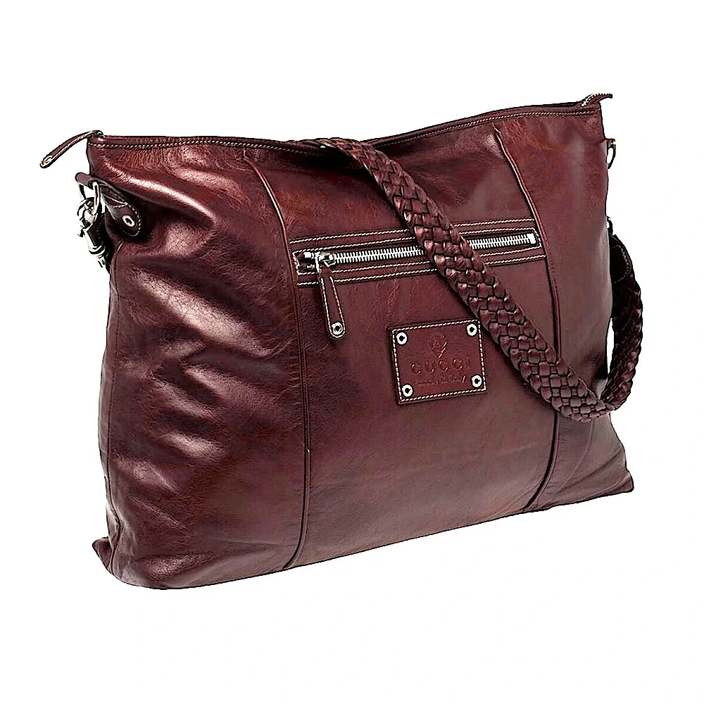 GUCCI Leather Top Zip Overnight Travel Laptop Work Messenger Bag w Woven Strap